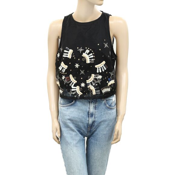 Uterque Organza Sequin Embellished Lace Tank Blouse Top Sleeveless M-28 252746 - Picture 1 of 5